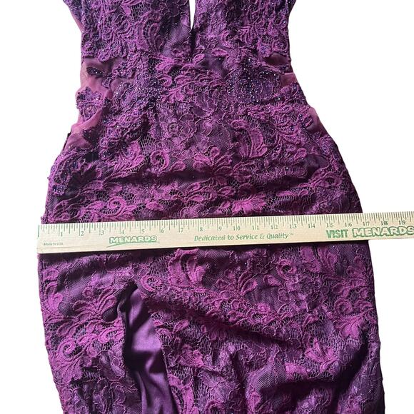 La Femme Women's 8 Dark Berry Deep V-neck Stretch Sparkle Embellished Lace Gown - Picture 14 of 16